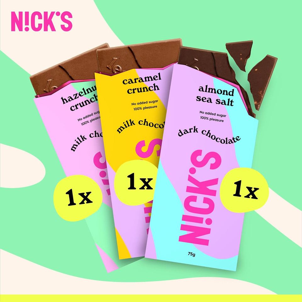 NICKS Keto chocolate block mix pack without added sugar, low carb, gluten free, palm oil free chocolates (3x75g)