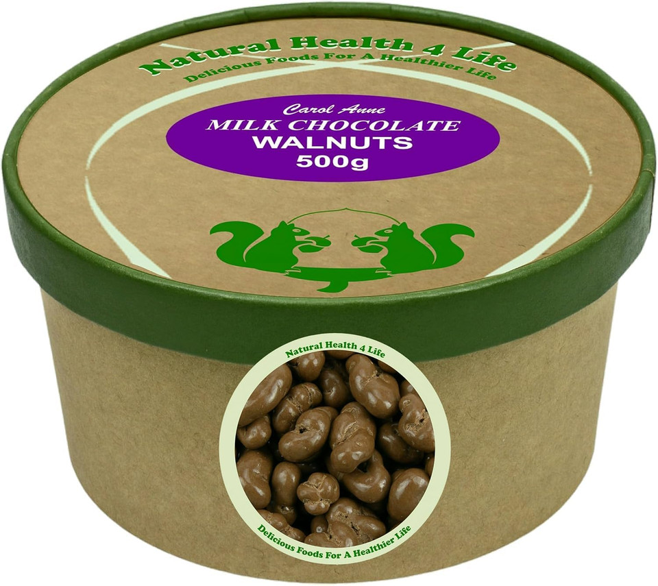 Natural Health 4 Life Carol Anne Confectionery Milk Chocolate Walnuts 500 g, Chocolate Covered Nuts in Recyclable Tub, Gluten-Free & Vegetarian  Ideal for Snacking or Baking  Made in UK (1 Tub)