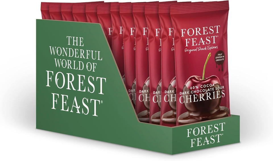 FOREST FEAST 60% Cocoa Dark Chocolate Sour Cherries Pack 12 x 40g - Sweet Dried Cherries Chocolate Covered Fruit Snack with 60% Belgian Dark Chocolate, Gluten Free & Vegan Friendly Snack FOREST FEAST 60% Cocoa Dark Chocolate Sour Cherries Pack 12 x 40g - Sweet Dried Cherries Chocolate Covered Fruit Snack with 60% Belgian Dark Chocolate, Gluten Free & Vegan Friendly Snack
