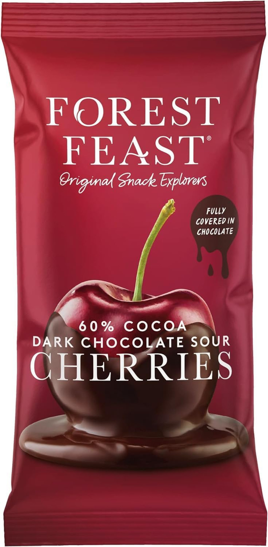 FOREST FEAST 60% Cocoa Dark Chocolate Sour Cherries Pack 12 x 40g - Sweet Dried Cherries Chocolate Covered Fruit Snack with 60% Belgian Dark Chocolate, Gluten Free & Vegan Friendly Snack FOREST FEAST 60% Cocoa Dark Chocolate Sour Cherries Pack 12 x 40g - Sweet Dried Cherries Chocolate Covered Fruit Snack with 60% Belgian Dark Chocolate, Gluten Free & Vegan Friendly Snack
