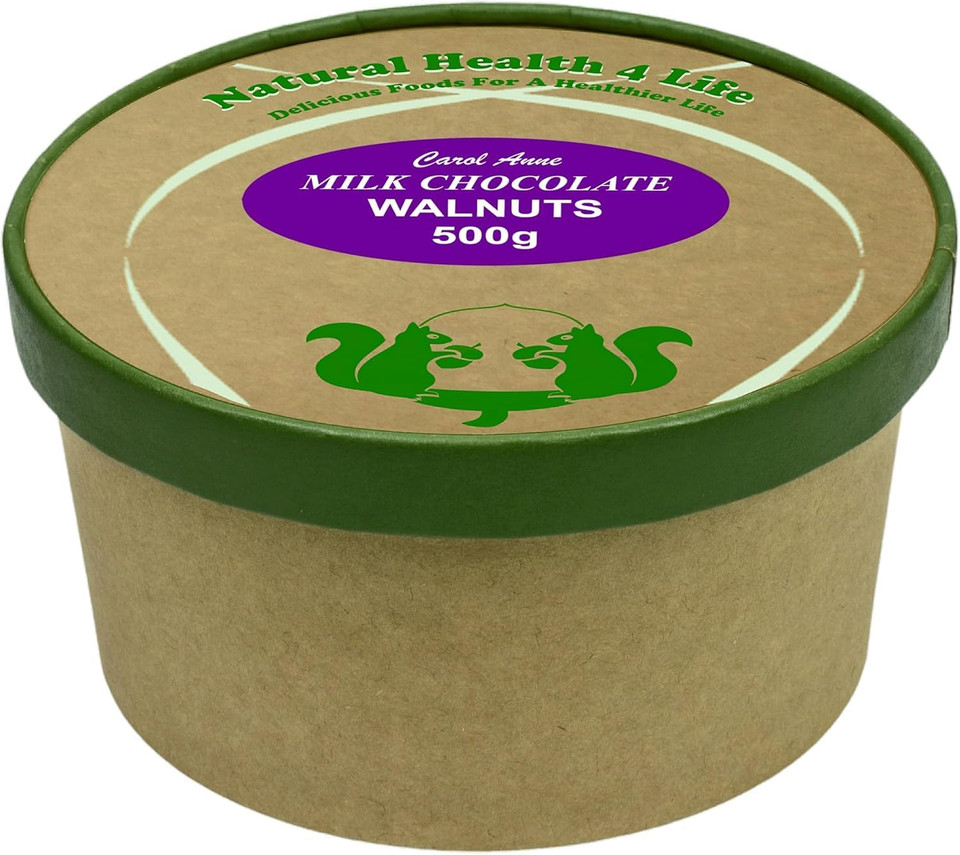 Natural Health 4 Life Carol Anne Confectionery Milk Chocolate Walnuts 1kg, Chocolate Covered Nuts in Resealable Pouch, 9.4g Protein per 100g, ideal for Snacking, Events, Refill Jars  Made in UK