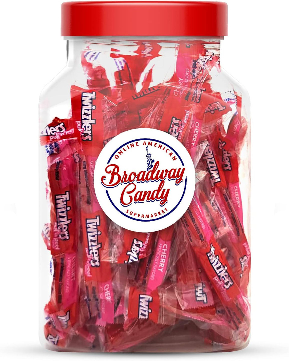 Broadway Candy Confectionery Jar 750g - Twizzler Pull n Peel Cherry - Individually Wrapped American Sweets - Bite-Sized Candy Treats - Approximately 60 Pieces