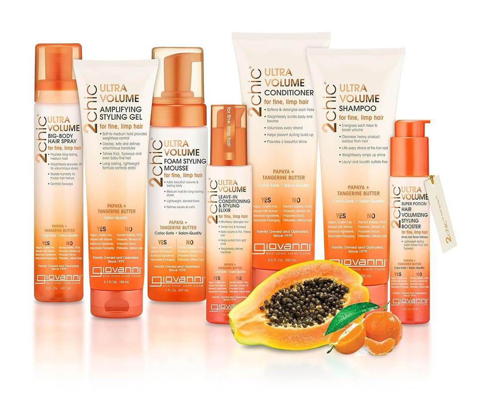 Giovanni 2Chic Ultra-Volume Super Potion Hair Volumizing Styling Booster - Volumizing Formula With Papaya & Tangerine Butter, Weightless Control For Thin Hair, No Parabens, Color Safe - 1.8 Oz