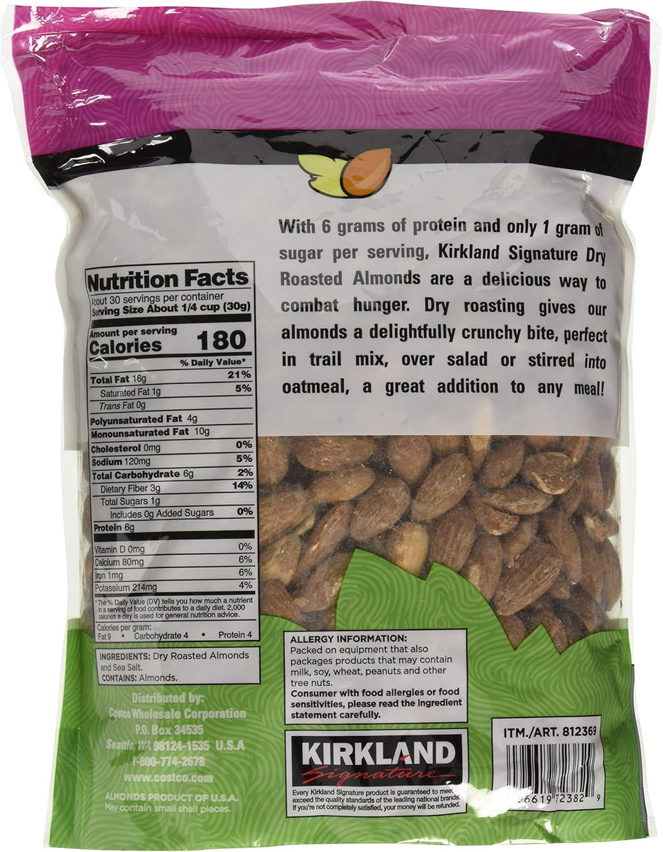 Kirkland Signature Dry Roasted Almonds Seasoned with Sea Salt: 2 Bags of 2.5 Lb