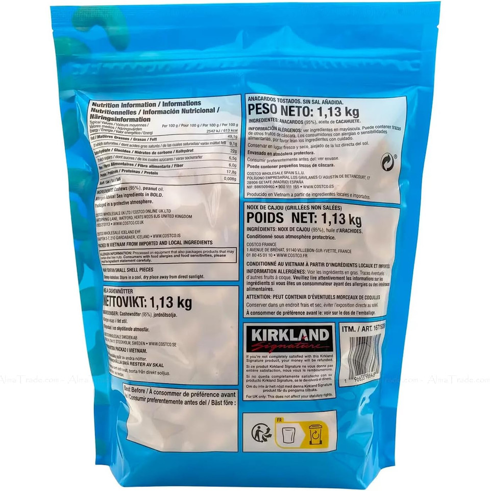 Kirkland Signature Fancy Whole Unsalted & Roasted Cashews Nuts Bag Pack 1.13kg