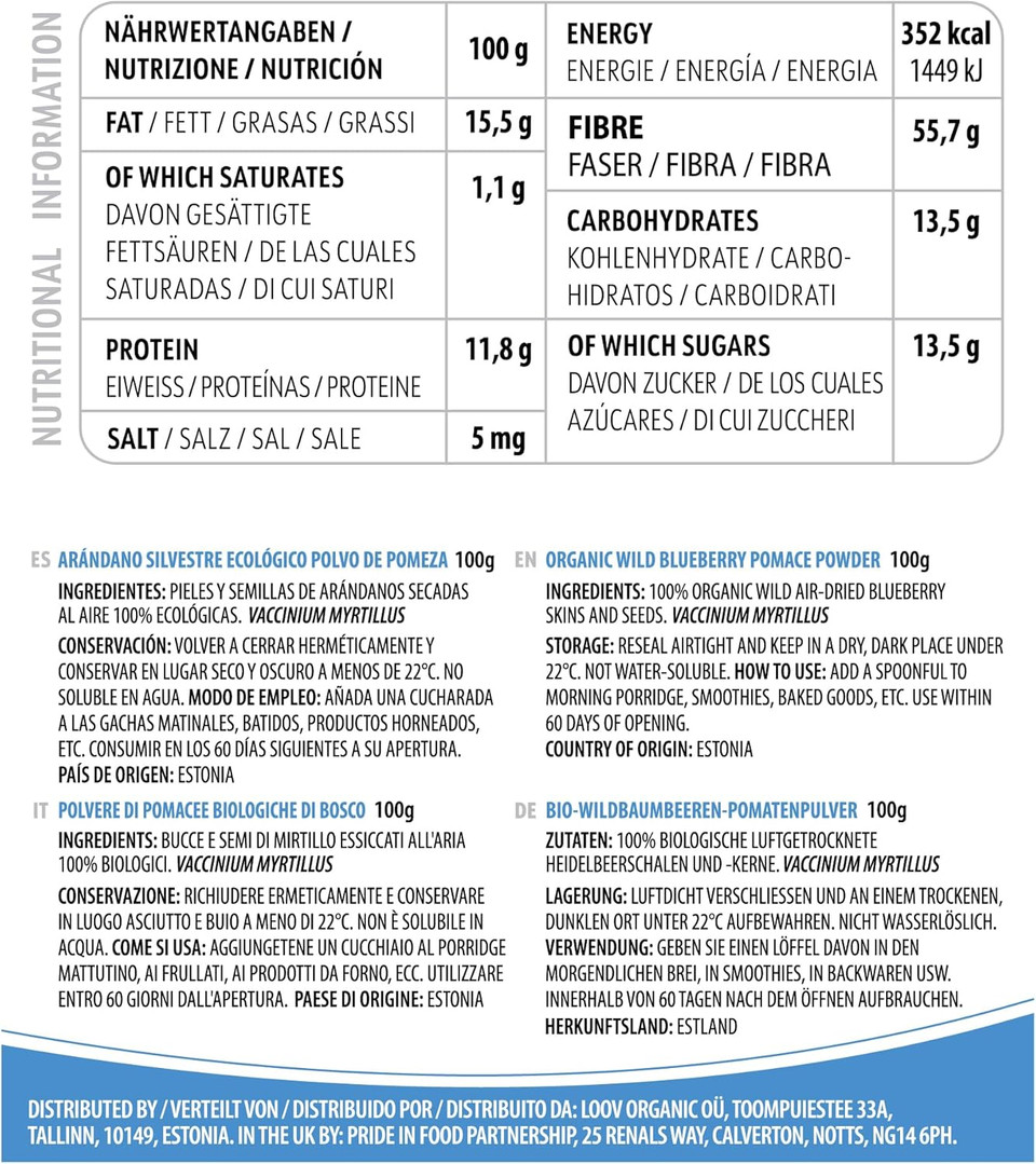 LOOV Organic Blackcurrant Powder (Pomace Powder), 100 g, High in Vitamin C, Made Only from Berry Skins and Seeds, no Added Sugar, Grown in Nordic Climate in Europe