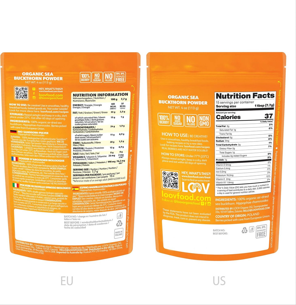 LOOV Organic Sea Buckthorn Powder, High in Fibre, Made from 100% Whole Berries, 113 g, Grown in Nordic Climate, Rich in Omega Blend, Vitamin C, Vitamin E, 23-Day Supply, No Added Sugar, Non-GMO