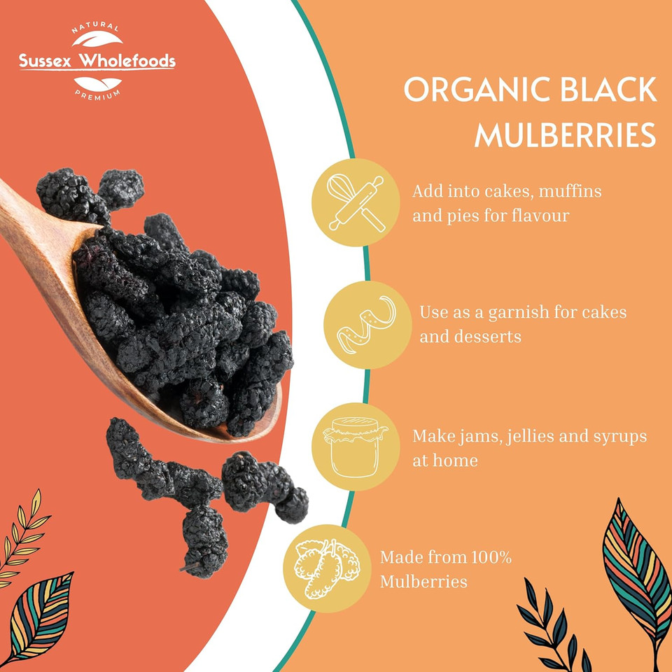 Sussex Wholefoods Organic Black Mulberries 250g - Premium, Delicious, Perfect for Snacking & Baking