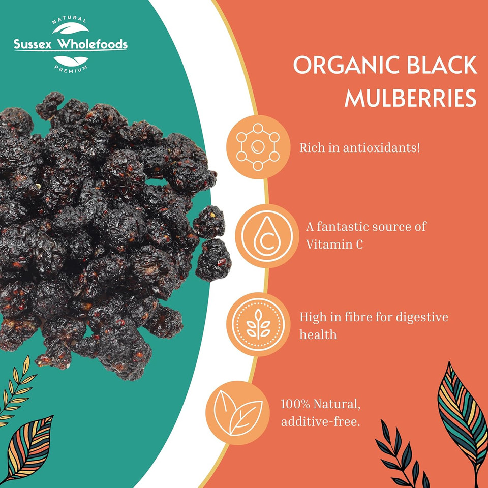 Sussex Wholefoods Organic Black Mulberries 500g - Premium, Delicious, Perfect for Snacking & Baking