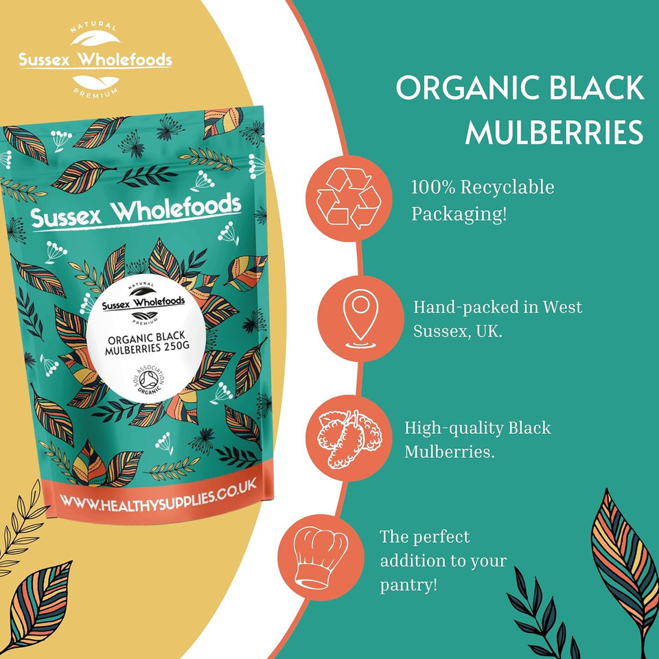 Sussex Wholefoods Organic Black Mulberries 500g - Premium, Delicious, Perfect for Snacking & Baking