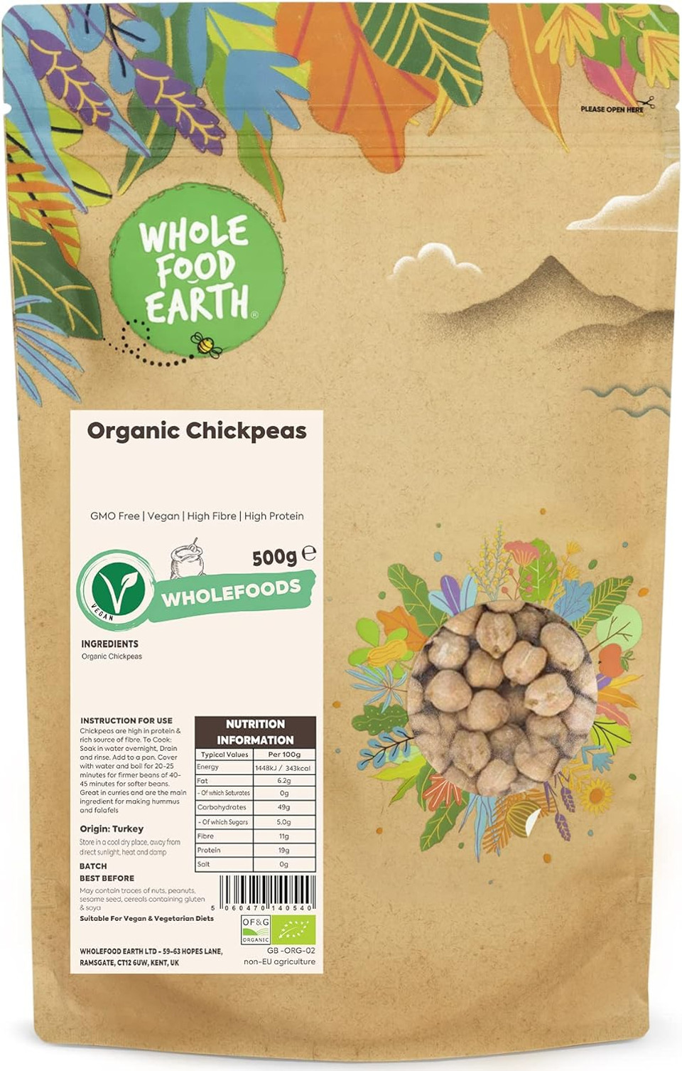 Wholefood Earth Organic Chickpeas 1kg GMO Free | Vegan | High Fibre | High Protein | Certified Organic