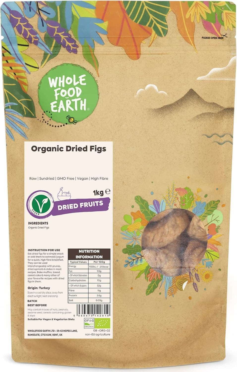 Wholefood Earth Organic Dried Figs  250g | Raw | Sundried | GMO Free | Vegan | High Fibre | Certified Organic