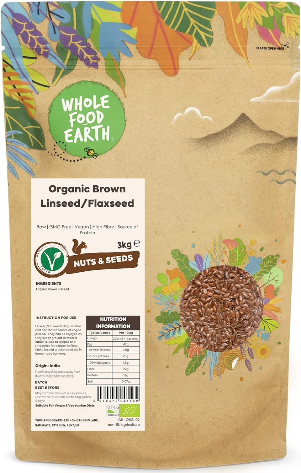 Wholefood Earth Organic Brown Linseed/Flaxseed  3 kg | Raw | GMO Free | Vegan | High Fibre | Source of Protein | Certified Organic