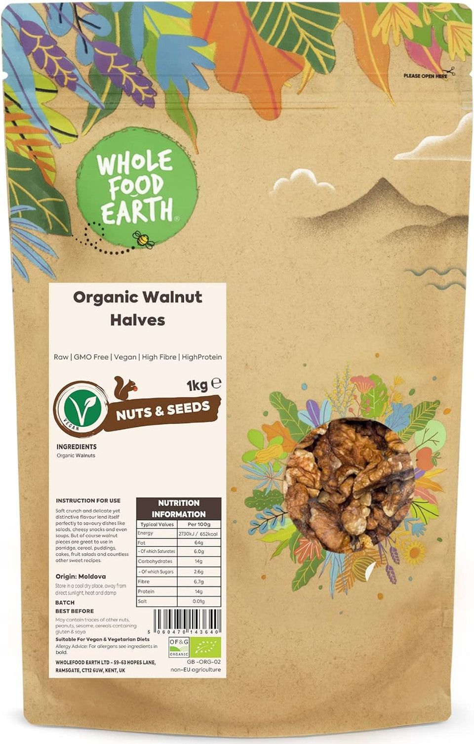 Wholefood Earth Organic Walnut Halves 1kg Raw | GMO Free | Vegan | High Fibre | High Protein | Certified Organic