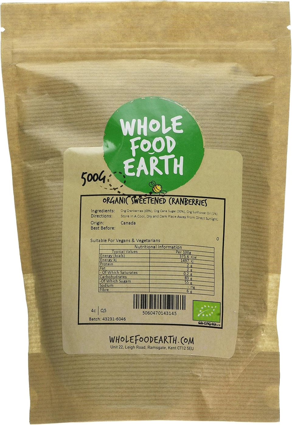 Wholefood Earth Organic Sweetened Dried Cranberries  1 kg | GMO Free | Vegan | Source of Fibre | Certified Organic