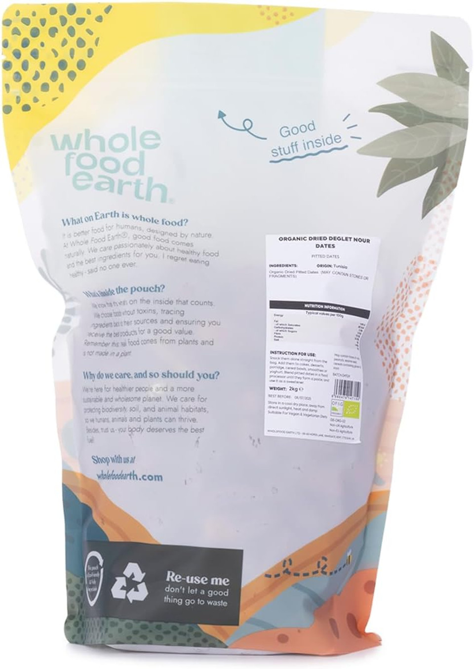 Wholefood Earth Organic Dried Deglet Nour Dates (Pitted)  500 g | GMO Free | Raw | Vegan | High Fibre | Certified Organic