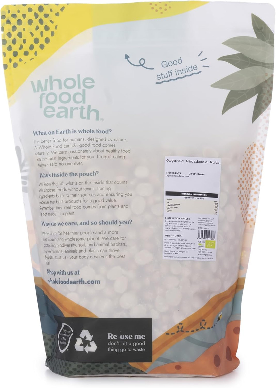 Wholefood Earth Organic Macadamia Nuts 3 kg Raw | GMO Free | Vegan | High Fibre | Certified Organic