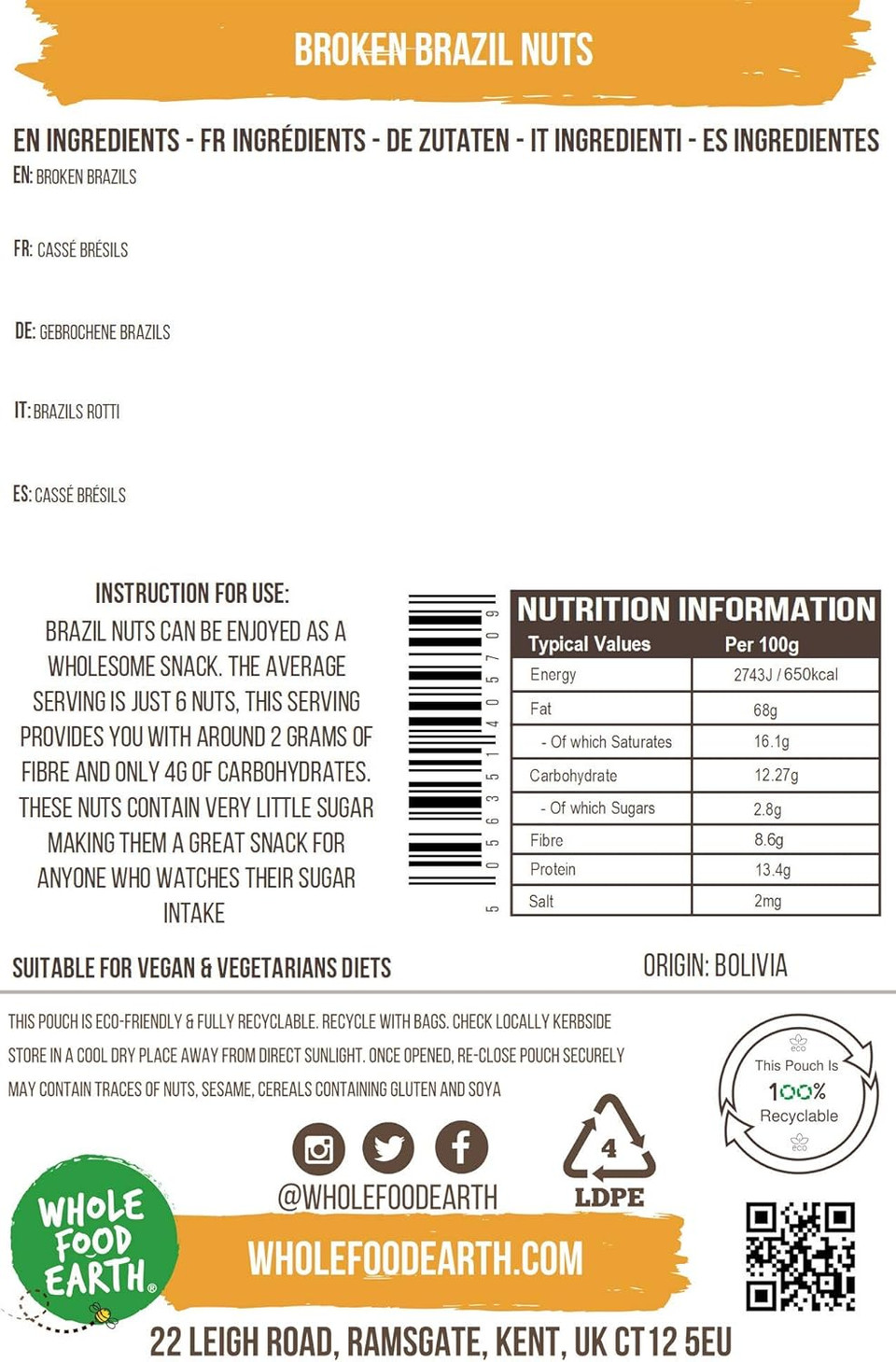 Wholefood Earth Broken Brazil Nuts 3 kg | GMO Free | Natural | Source of Fibre