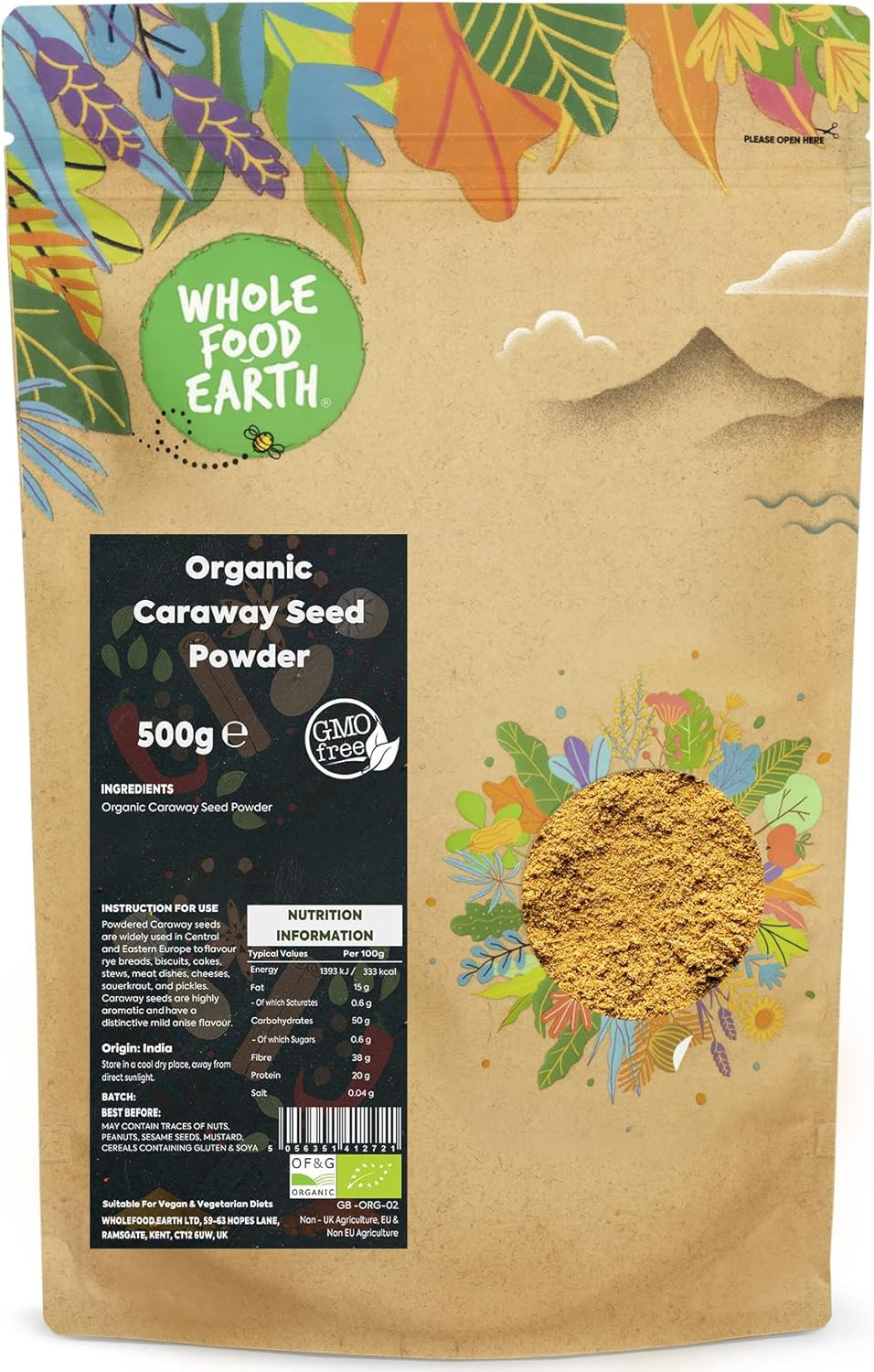 Wholefood Earth Organic Caraway Seed Powder 500 g | GMO Free | Certified Organic