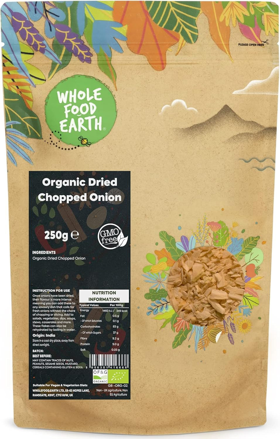 Wholefood Earth Organic Dried Chopped Onion 250 g | GMO Free | Certified Organic