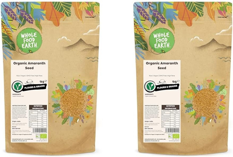 Wholefood Earth Organic Amaranth Seed  1 kg | Raw | Vegan | GMO Free | High Fibre | Certified Organic (Pack of 2)