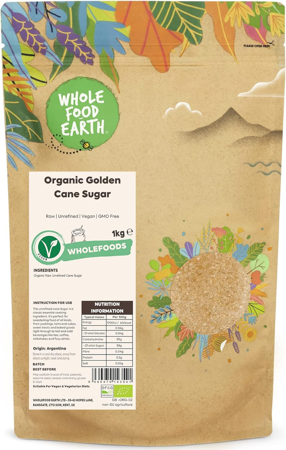 Wholefood Earth Organic Golden Cane Sugar 1kg Raw | Unrefined | Vegan | GMO Free | Certified Organic