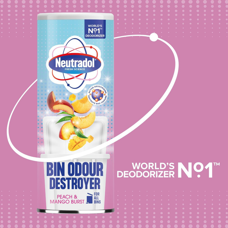 Neutradol Dustbin Odour Destroyer, Bin Freshener Deodorising Powder, Odour Eliminator for Indoor & Outdoor Bins, Peach & Mango Burst, Multipack of 3 x 350g