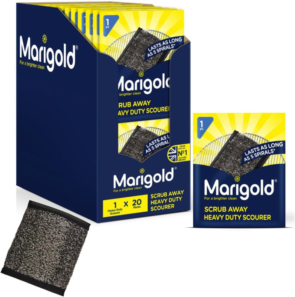 Marigold Scrub Away Stainless Steel Scourers - 20 Single Packs of Scouring Pads - Heavy Duty Non Scratch Metal Scourer - Easy to Clean - Tackles Tough and Burnt on Food