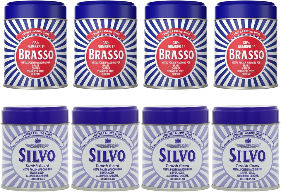 Brasso Wadding x 4 & Silvo Wadding x 4 Metal Polish For Brass, Copper, Stainless Steel, Chrome & Silver 75g