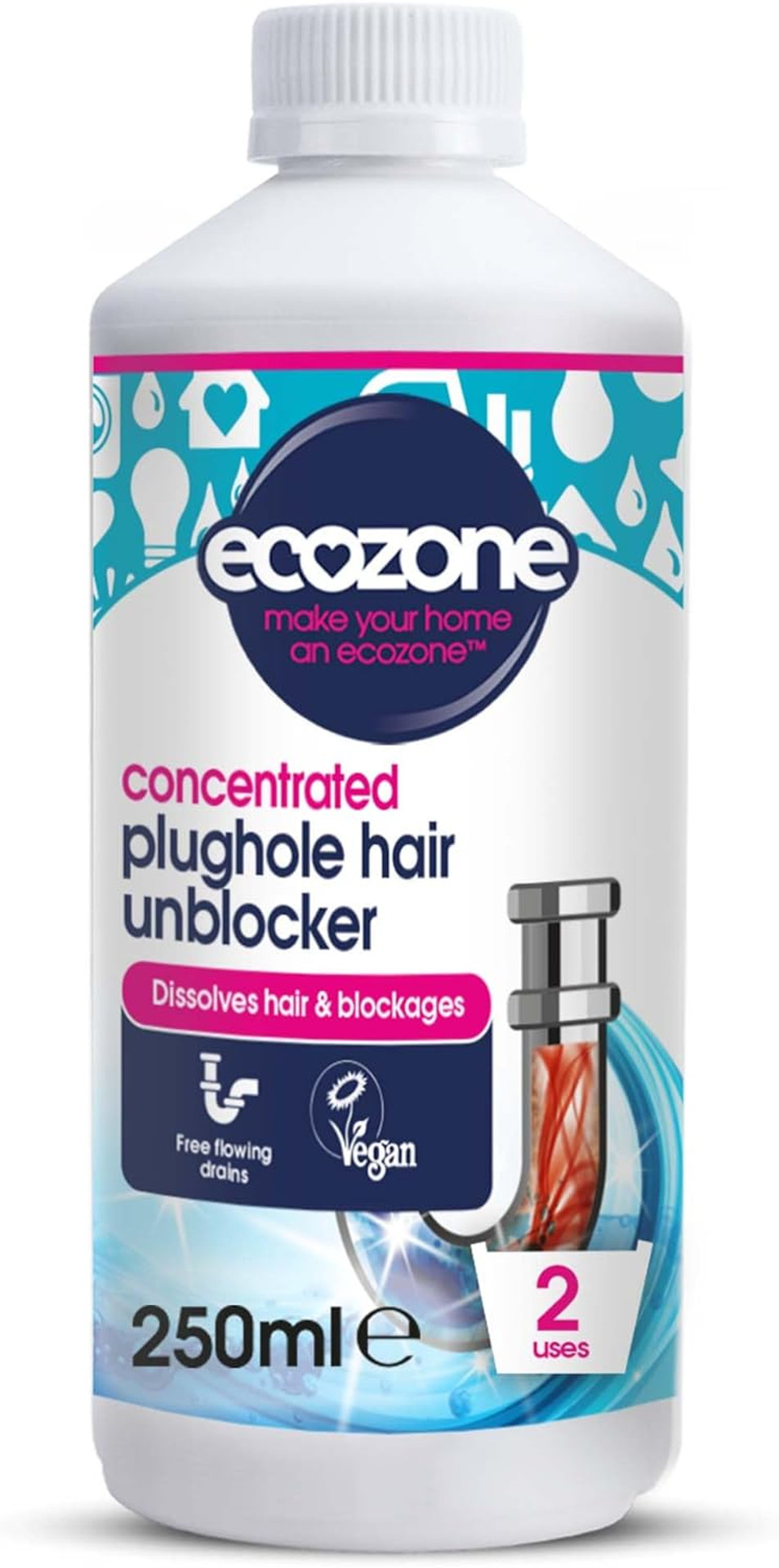 Ecozone Kitchen Drain Unblocker, Non-Toxic & Bleach-Free, Non Corrosive Cleaner, Enzyme Solution Breaks Down Soap Grease & Organic Blockages in Plug Holes, Septic Tank Safe & Vegan Friendly (1L)