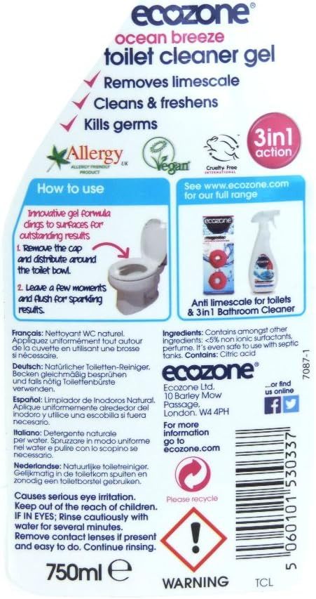 Ecozone Toilet Cleaner Gel, Removes Limescale, Fresh Ocean Breeze Fragrance, 3-in-1 Anti Bacterial Eco Bathroom Formula Naturally Gently Cleans and Freshens, Bleach Free, Vegan Friendly (750ml)