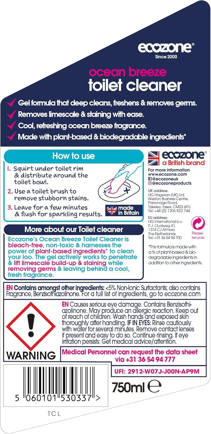 Ecozone Toilet Cleaner Gel, Removes Limescale, Fresh Ocean Breeze Fragrance, 3-in-1 Anti Bacterial Eco Bathroom Formula Naturally Gently Cleans and Freshens, Bleach Free, Vegan Friendly (750ml)