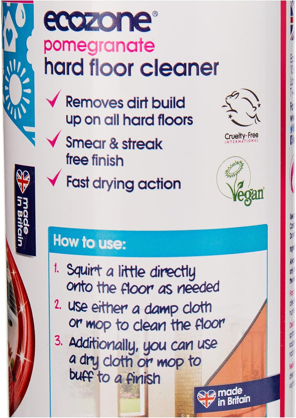 Ecozone Pomegranate Hard Floor Cleaner, Hygienic Cleanser & Polish for most Wooden, Laminate & Tiled Floors, Fast Drying & Streak Free, Natural Vegan & Eco Friendly Formula (500ml Bottle)