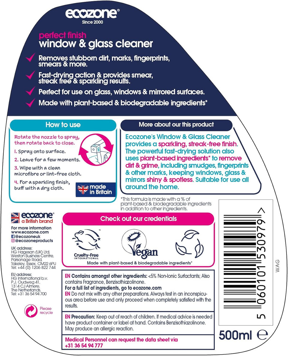 Ecozone Window & Glass Cleaner, Leaves Smear & Streak Free Shine, Clean & Polish with Natural Plant Extracts, Citrus-Floral Scent, for Windows, Doors, Mirrors & Surfaces, Vegan Friendly (500ml Spray)