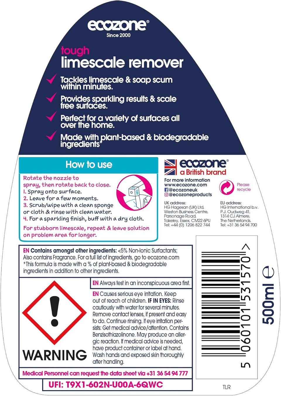 Ecozone Limescale Remover, Powers Through Soap Scum, Bathroom & Kitchen Cleaner De-scaler Spray, Long Lasting Shine & Protection, Natural Ingredients, Vegan Friendly (