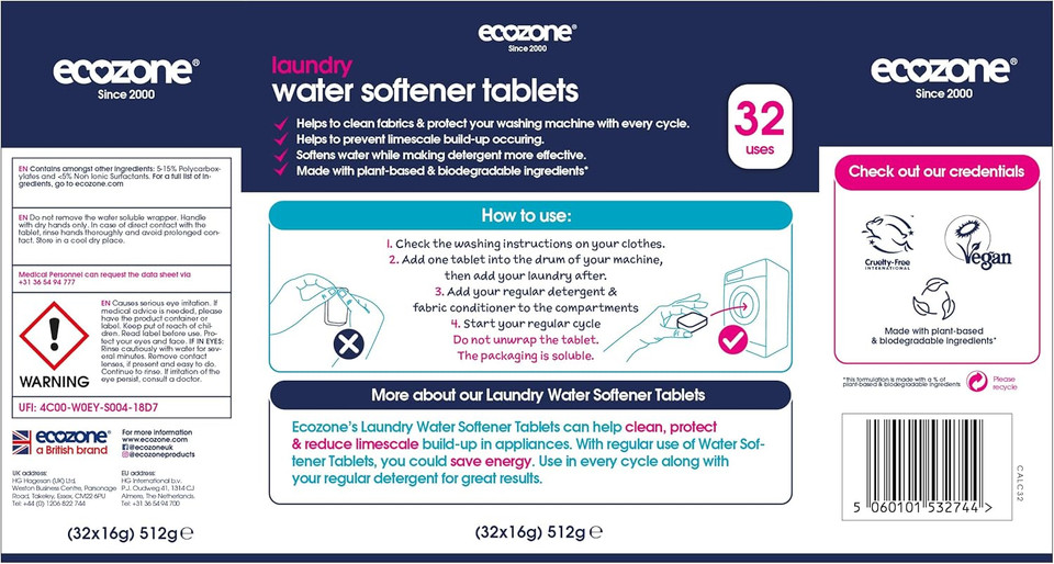 Ecozone Laundry Water Softener Tablets, De-scaler Prevents Limescale & Makes Cleaning Detergent More Effective, Protects & Maintains Washing Machine Appliance, with Salt, Vegan-Friendly (32 Tablets)