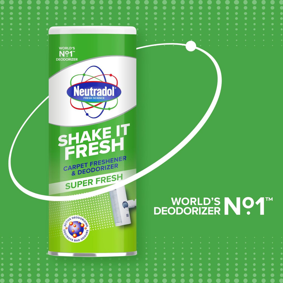 Neutradol Shake It Fresh Carpet Deodoriser, Odour Neutraliser for Carpets & Rugs, Super Fresh, Multipack of 2 x 350g