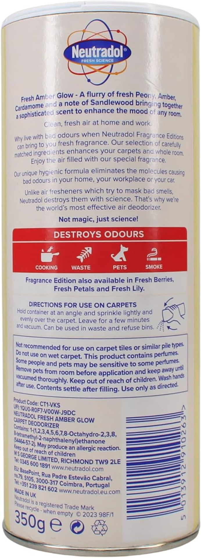 Neutradol Carpet Deodoriser, Vac Scents, Odour Neutraliser Powder for Carpets & Rugs, Fresh Amber Glow, Multipack of 2 x 350g