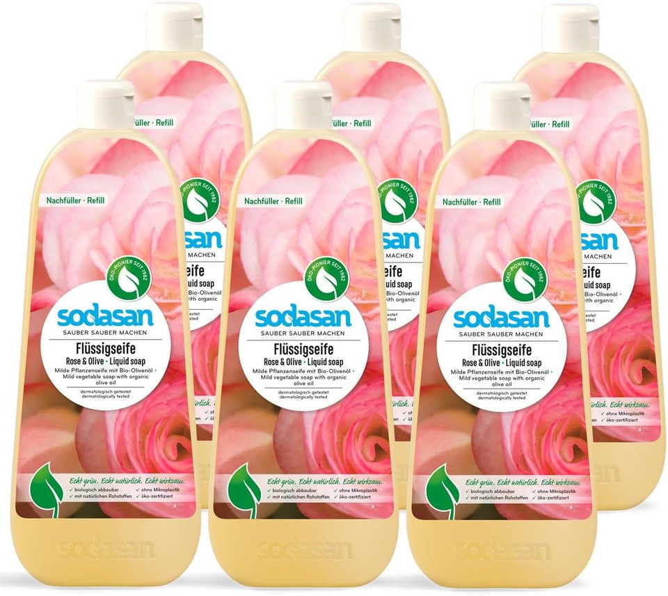 Sodasan Liquid Soap Rose & Olive Refill (6 x 1000 ml)