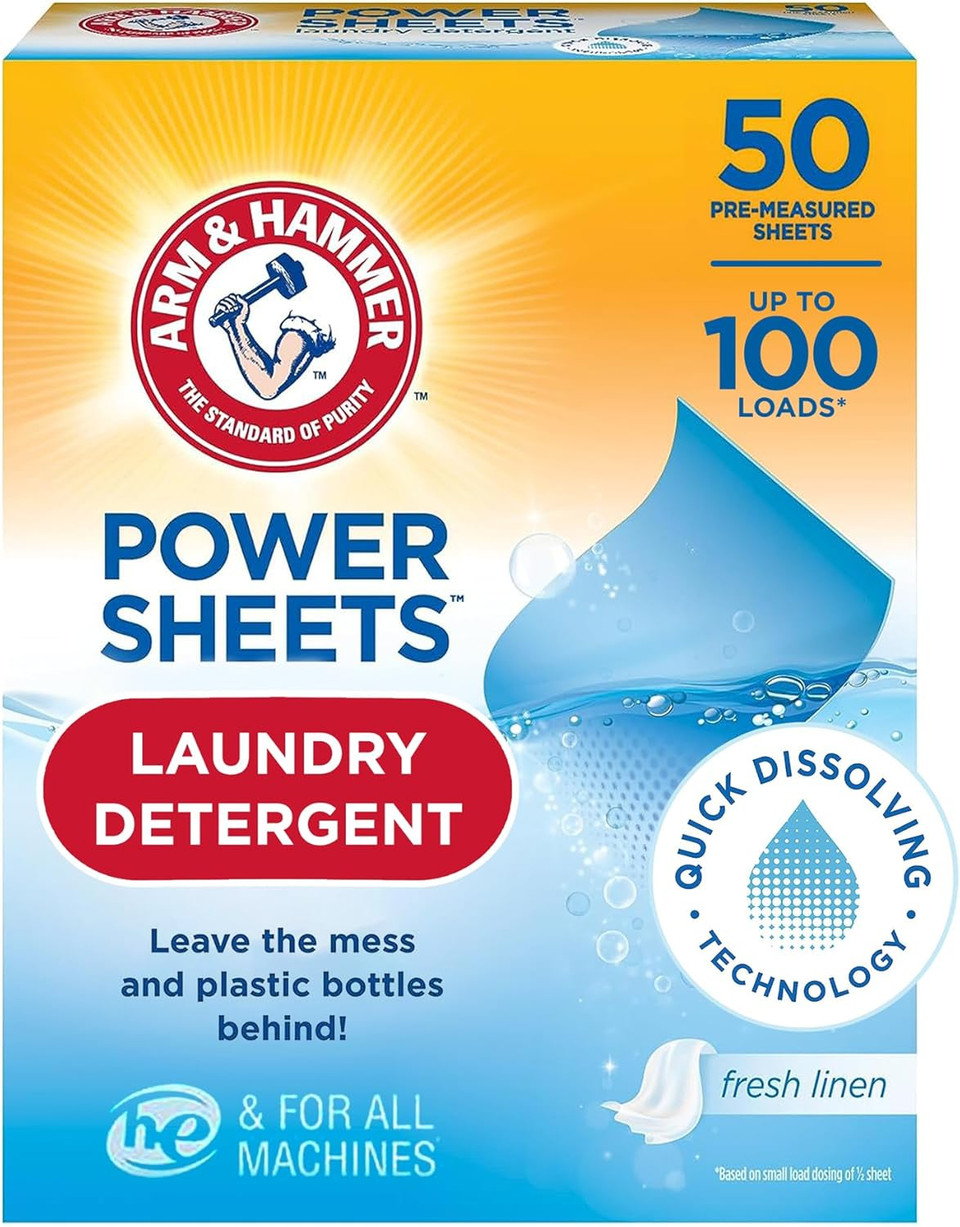 Arm and Hammer Power Laundry Detergent, Fresh Linen Laundry Sheets 50ct, up to 100 Small Loads, Ultraconcentrated Washing Detergent for deep clean, Laundry Detergent for Washing Machine