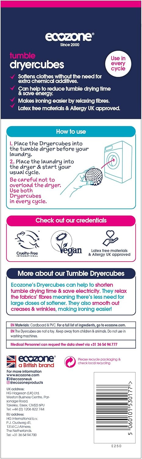 Ecozone Dryer Cubes, 2 x 3-in-1 Square Shaped Rubber Tumble Dryer Machine Laundry Balls, Softens Clothes & Reduces Drying Time, Vegan & Non Toxic Eco-Friendly, Energy Saving  Set of 2