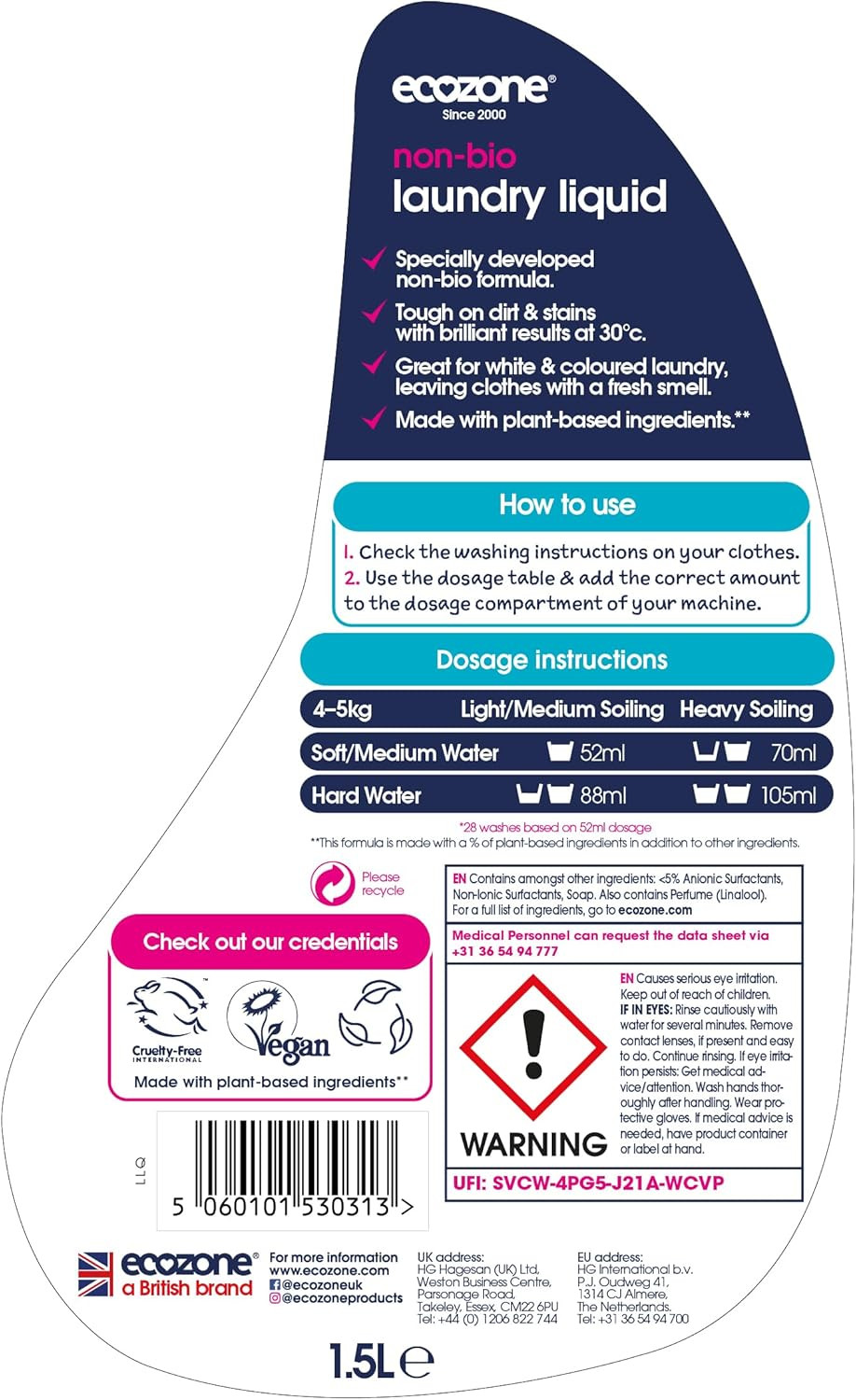 Ecozone Non Bio Liquid Laundry Detergent 1.5 Litre (Pack of 2)