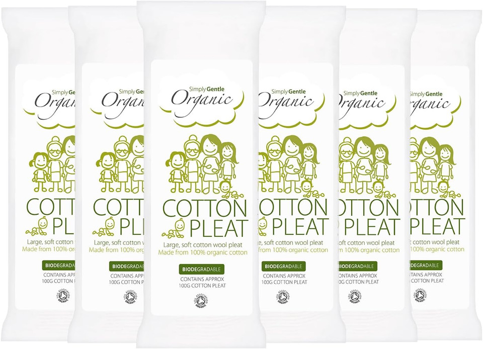 Simply Gentle Organic Cotton Wool Pleats - Perfect for Sensitive Skin - Pure Cotton Pleat with No Paraben or Alcohol - Free from Odours or Irritants - Hypoallergenic Soft Wool Pleat - (100g Pack of 6)
