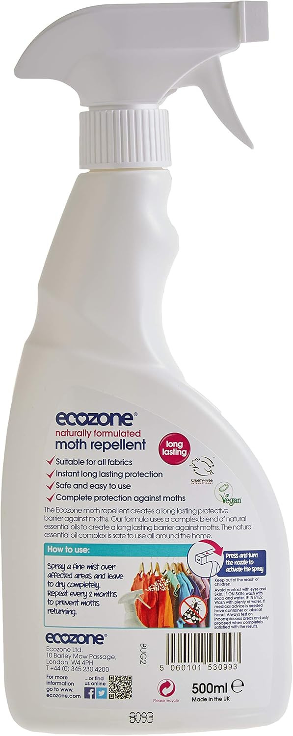 EcoZone Moth Repellent, Humane Natural Formula, Long Lasting Protection Treatment, Suitable for All Fabrics, Gentle on Skin & Clothes, Natural Vegan Eco Friendly Plant-Based Liquid (500ml Spray)