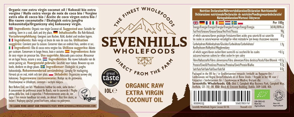 Sevenhills Wholefoods 3L Organic Extra Virgin Raw Coconut Oil (Cold-Pressed), Recyclable Plastic Tub, For Cooking, Baking, Skin Moisturiser, Hair Conditioner