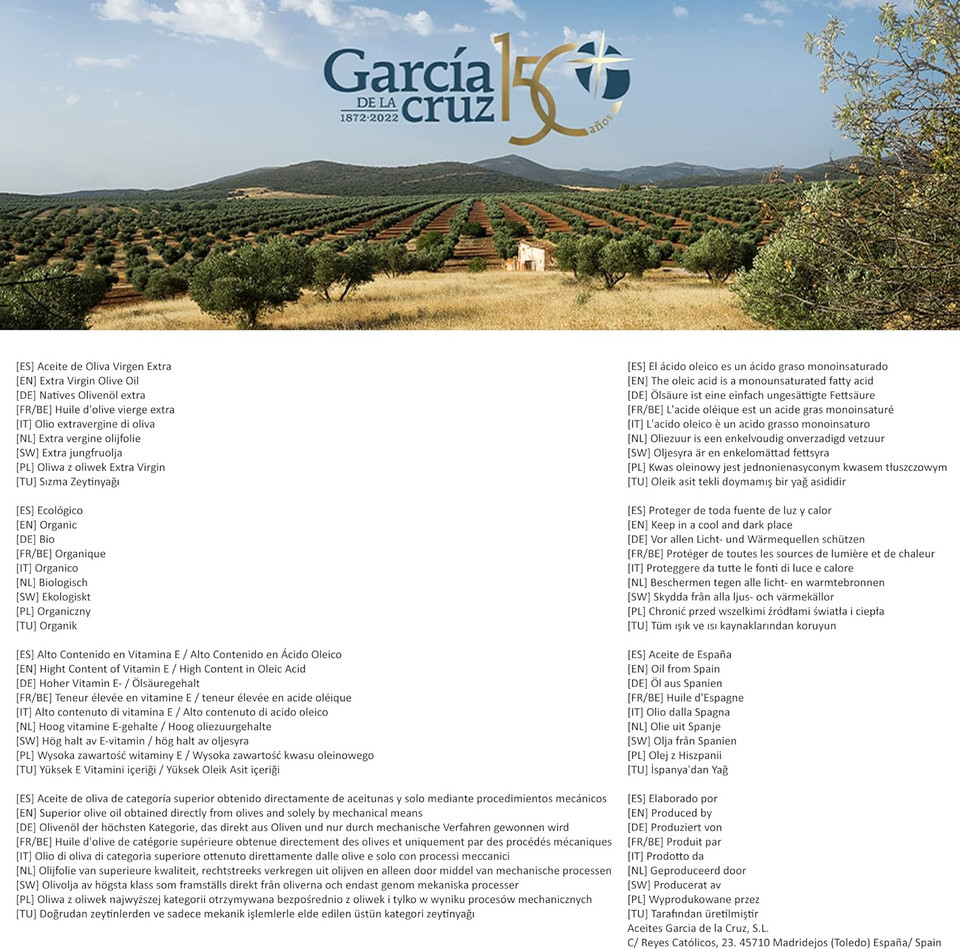 GARCÍA DE LA CRUZ - Extra Virgin Olive Oil, Olive Oil for Cooking, Olive Variety, From Spain, Montes de Toledo, Recycled PET Container, Carafe - 2L