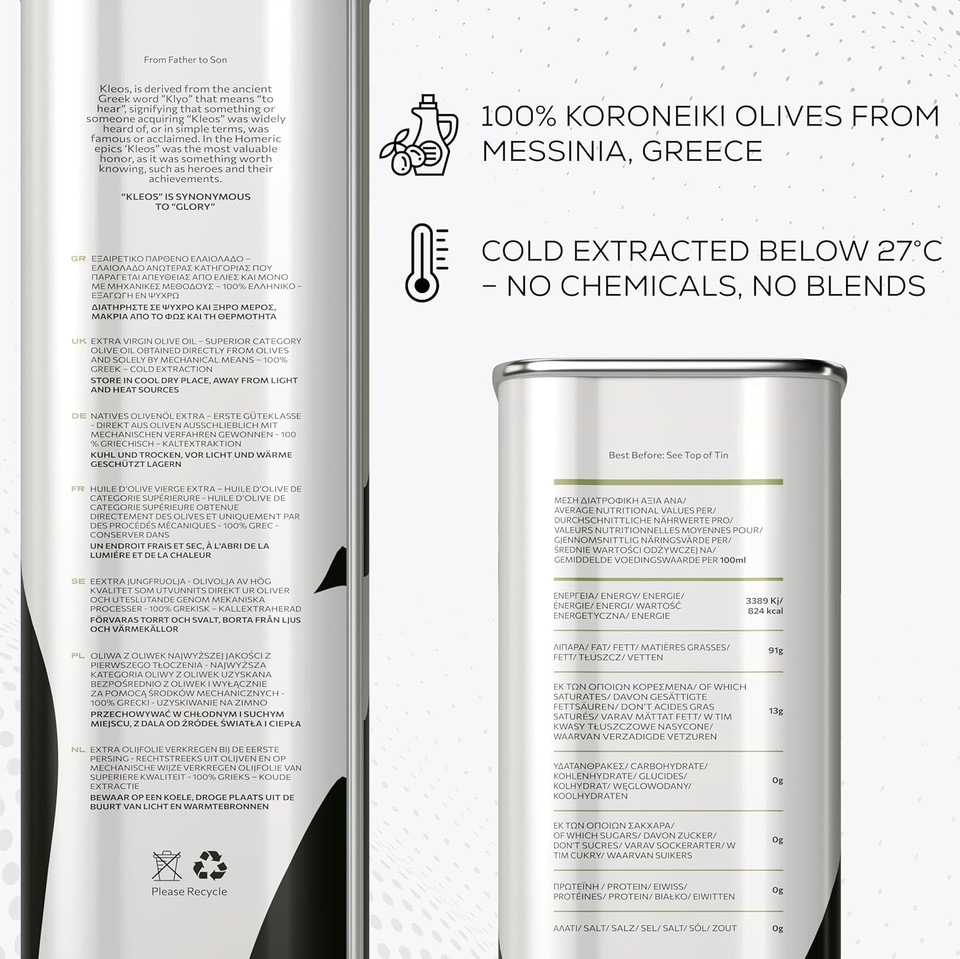 Kleos Extra Virgin Olive Oil 3L  New Harvest 2024/25  Cold-Pressed Greek Olive Oil from Koroneiki Olives  Premium Quality