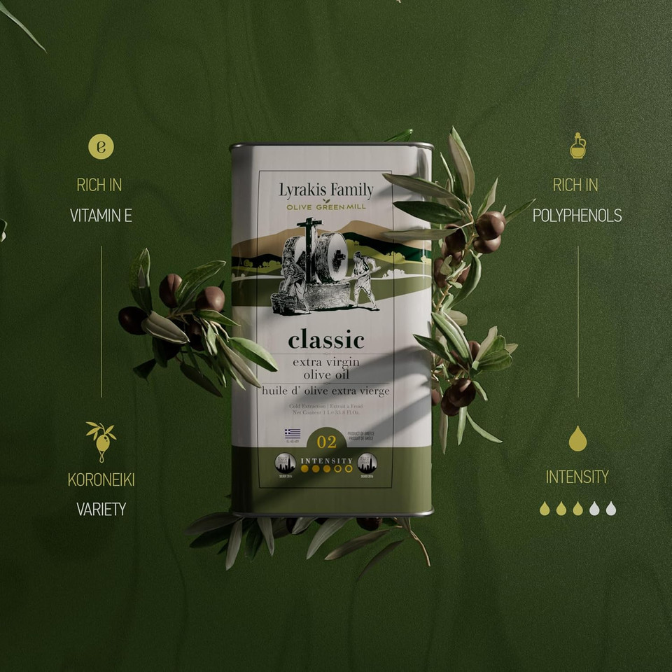 Lyrakis Family Olive Oil 3L  Greek Extra Virgin, Premium First Cold Pressed, High Polyphenols, Handpicked Olives, New Harvest, Fresh Juice from Crete  Since 1975