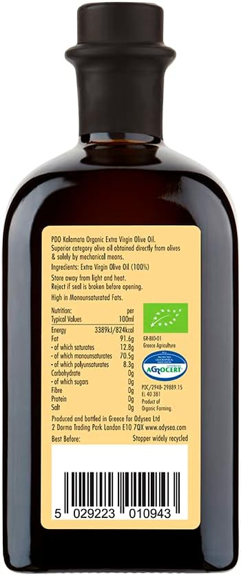 Odysea Organic Extra Virgin Olive Oil, PDO Kalamata EVOO, 500ml Glass Bottle