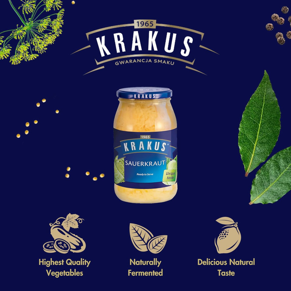 Krakus Sauerkraut 900g - Naturally Fermented - Crunchy & Tangy Sauerkraut - Delicious Condiment - Ready to Serve - Glass Jar
